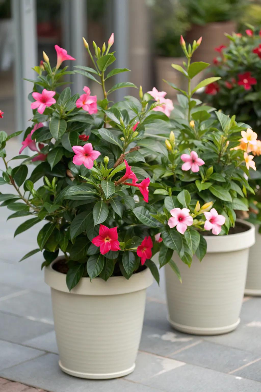 A themed trio of mandevilla varieties creates a cohesive look.