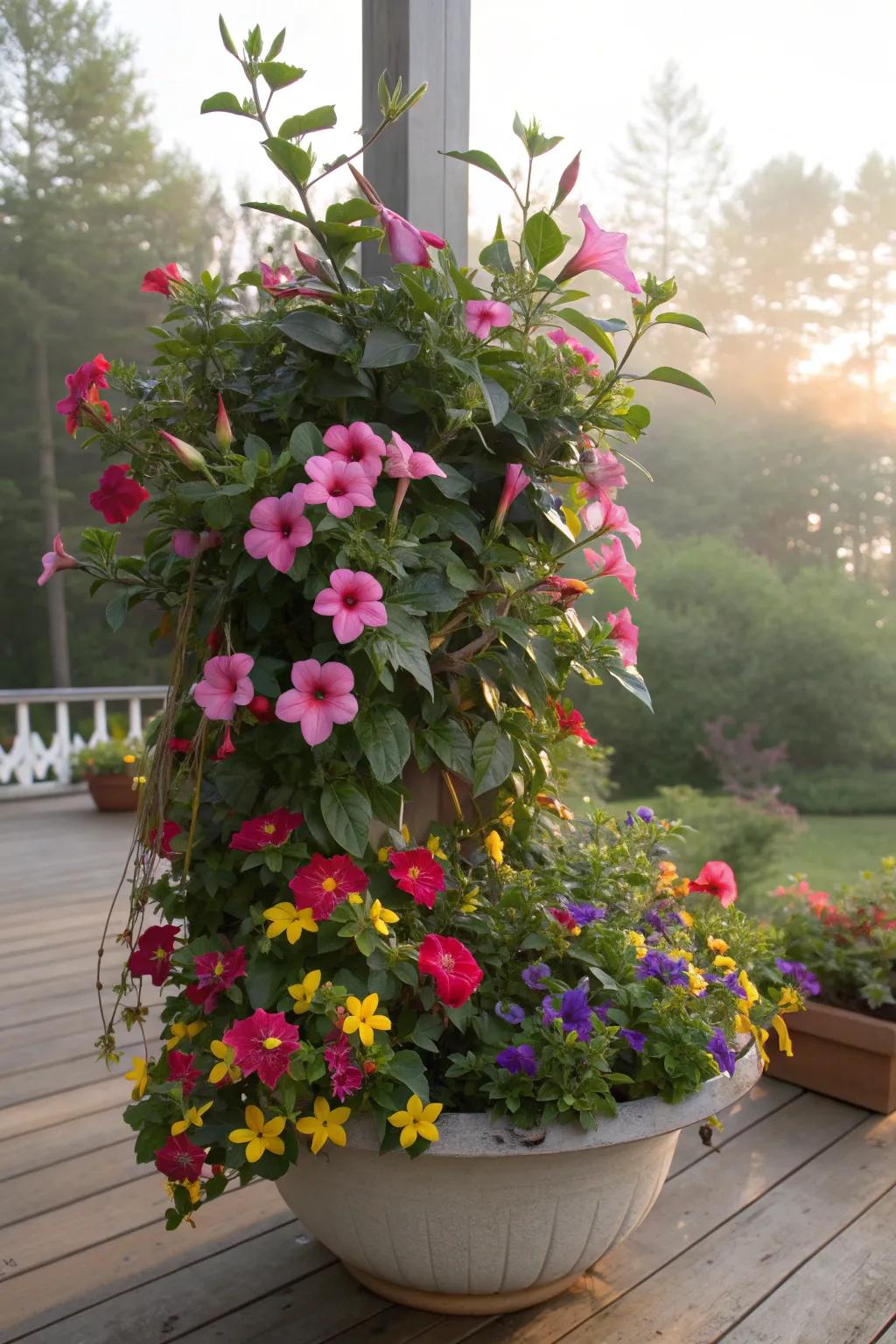 Colorful annuals complement the bright blooms of mandevilla.