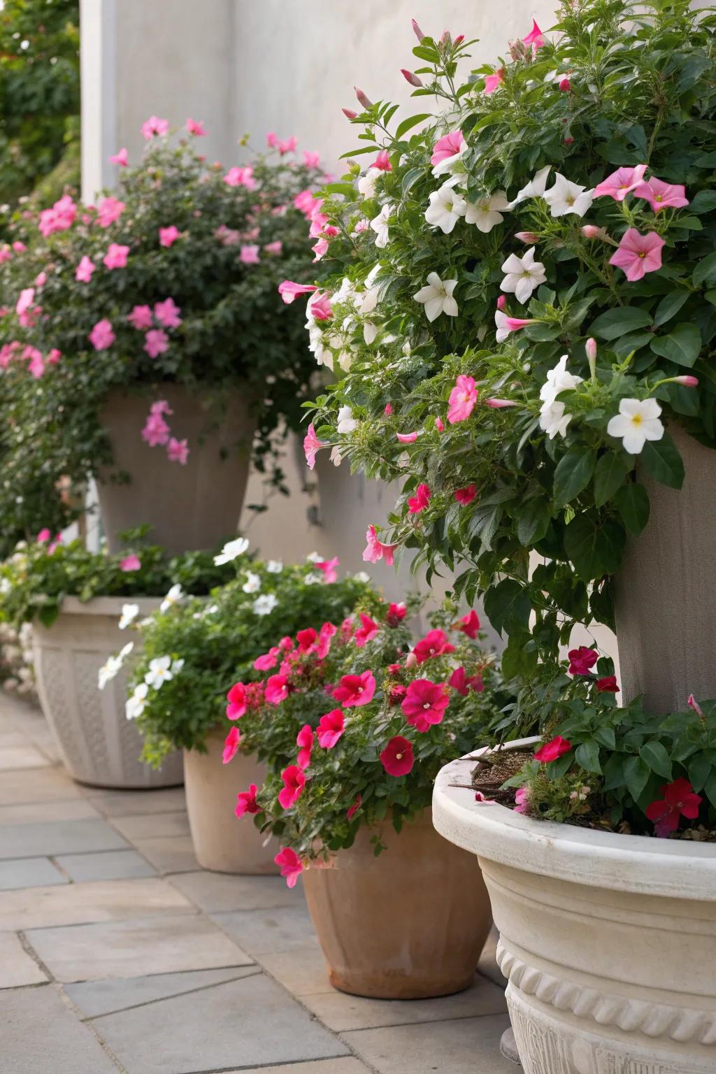 Layered heights create depth in mandevilla container arrangements.