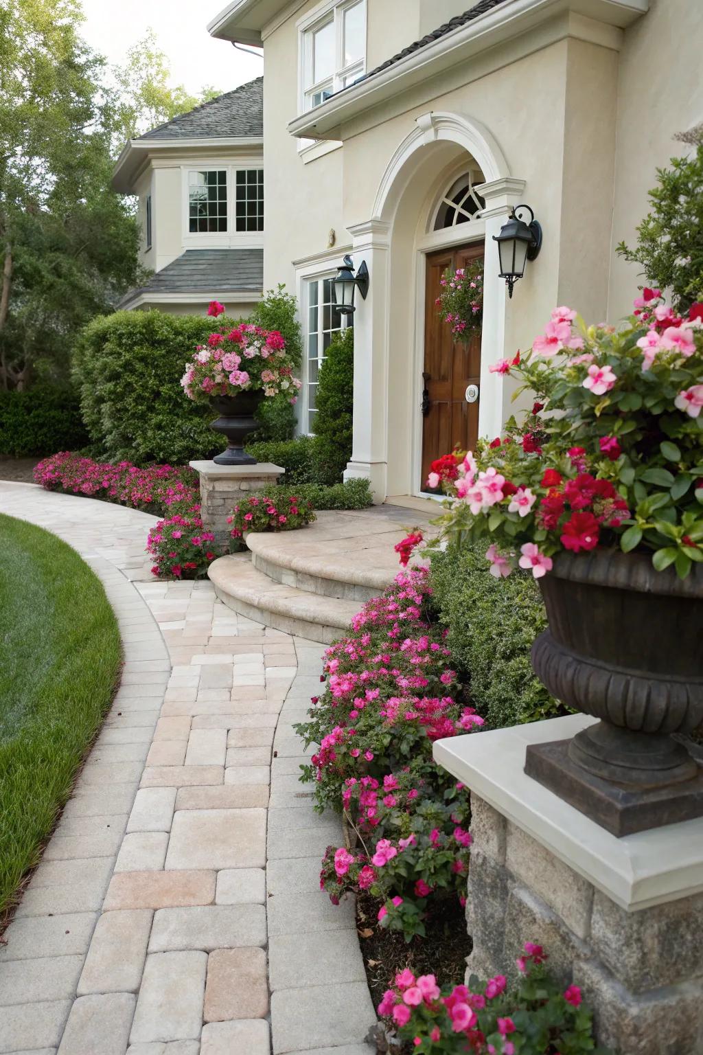 Mandevilla planters enhance and decorate home entryways.