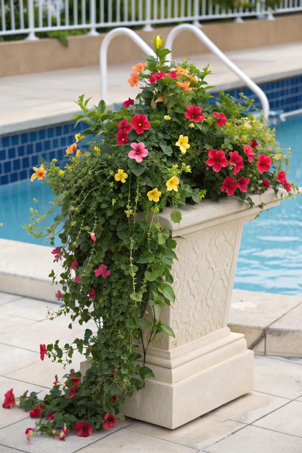 A mandevilla planter adds tropical flair to any poolside.
