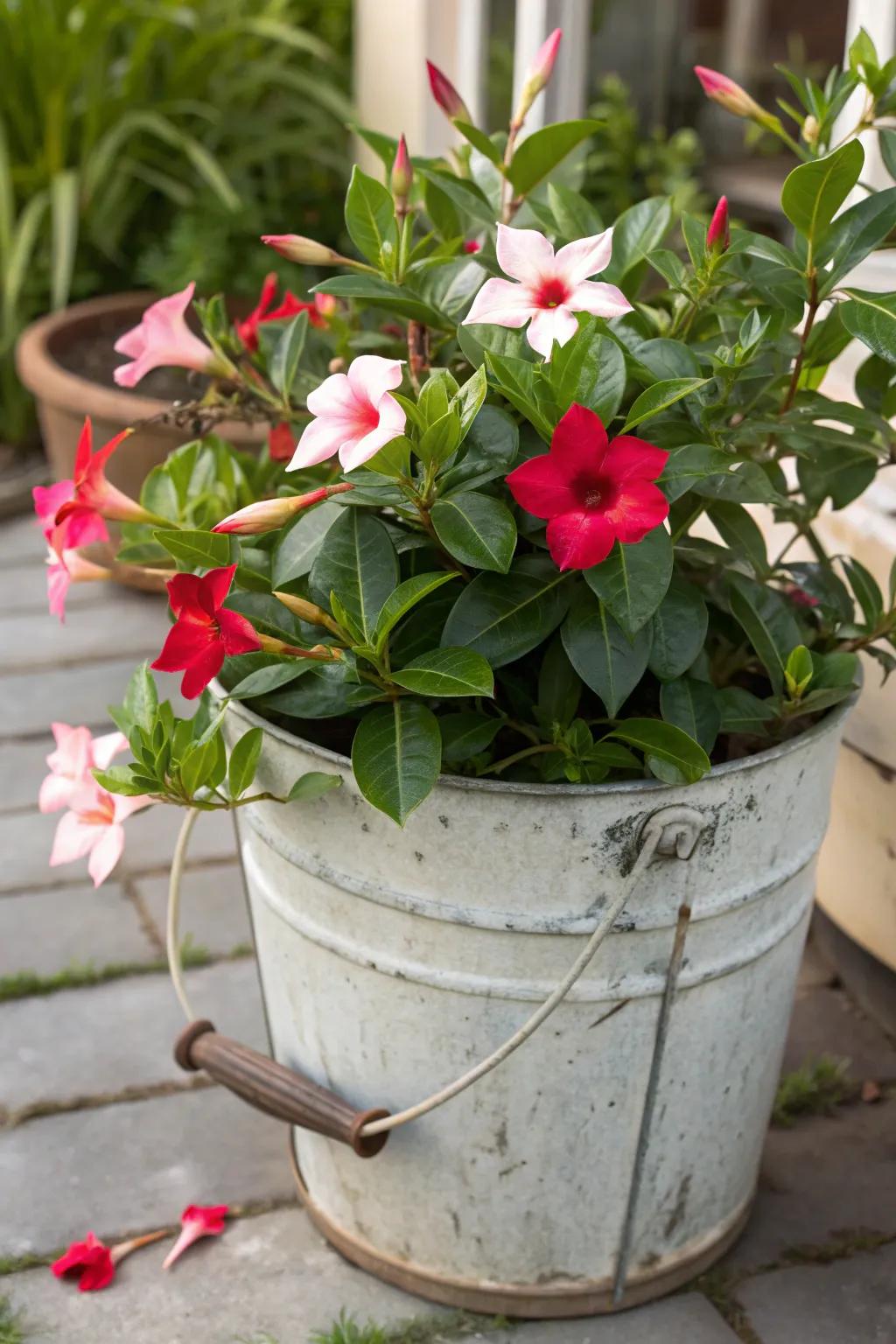 Repurposed items make for intriguing and eco-friendly mandevilla planters.