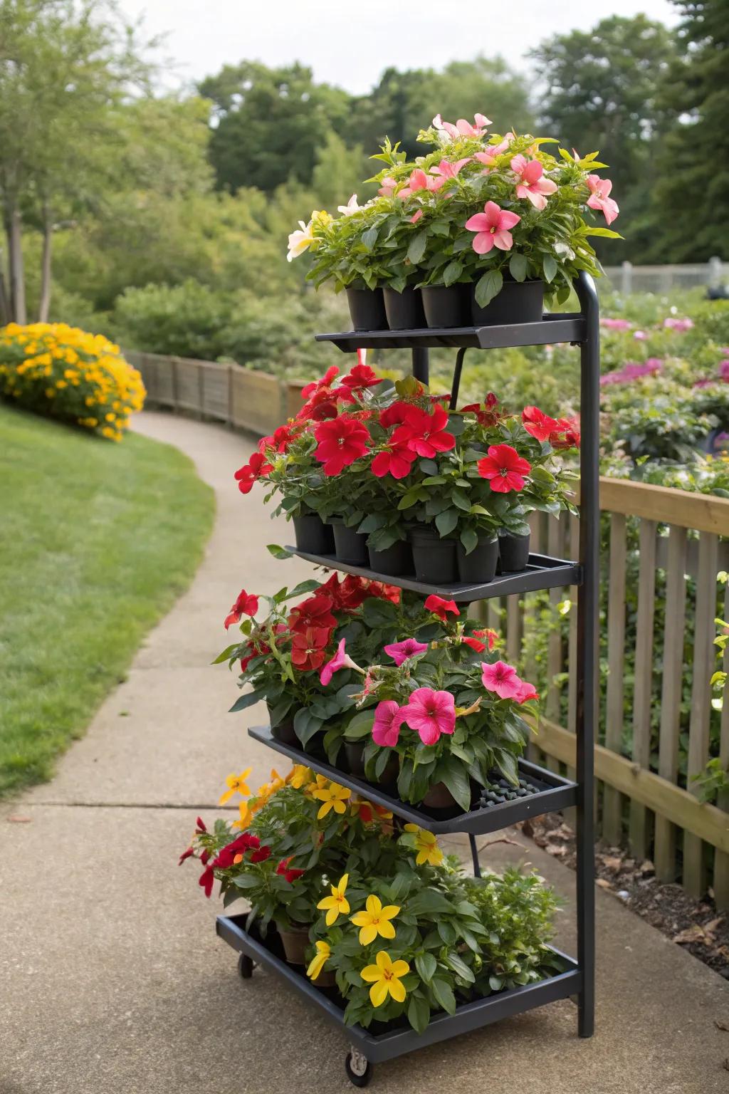 A tiered display maximizes space with cascading mandevilla blooms.