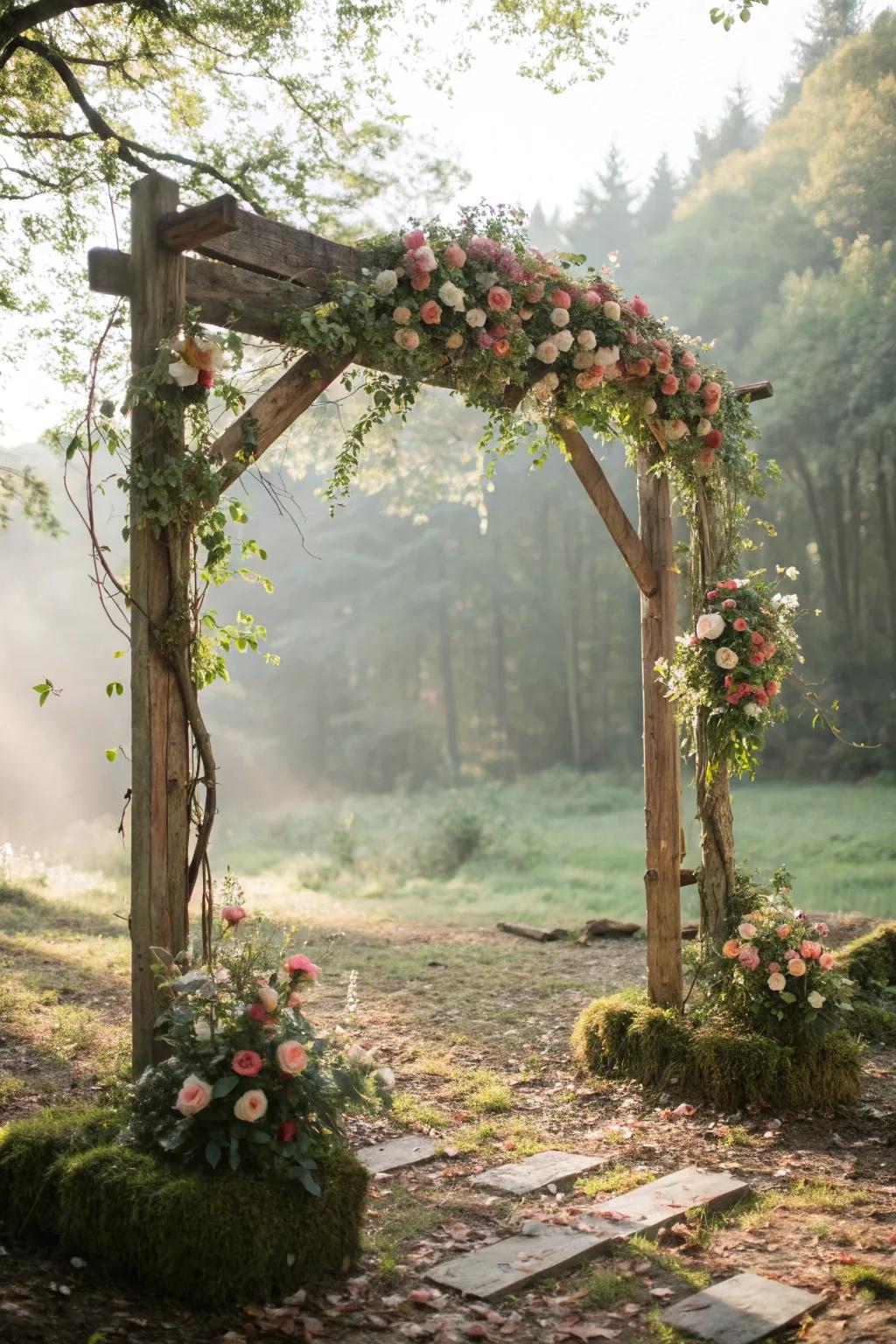A rustic wood arch creates a charming and earthy atmosphere.