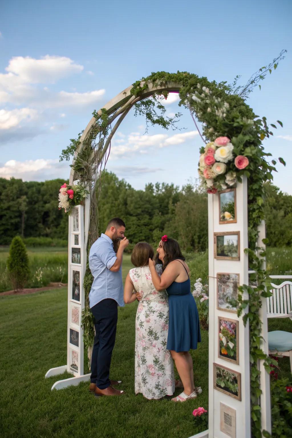 A DIY photo frame arch offers a fun and personal touch for photos.