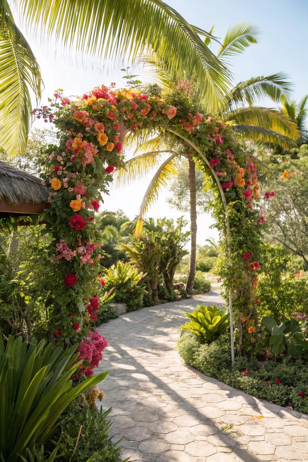 A tropical paradise arch infuses your party with vibrant island vibes.