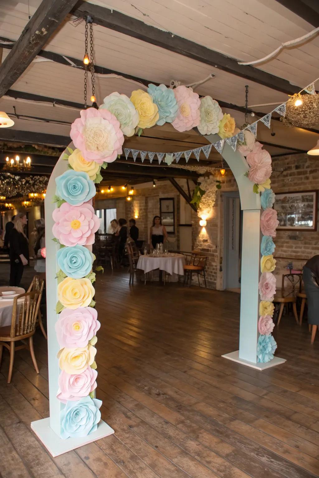 A vintage paper flower arch offers a charming and nostalgic ambiance.