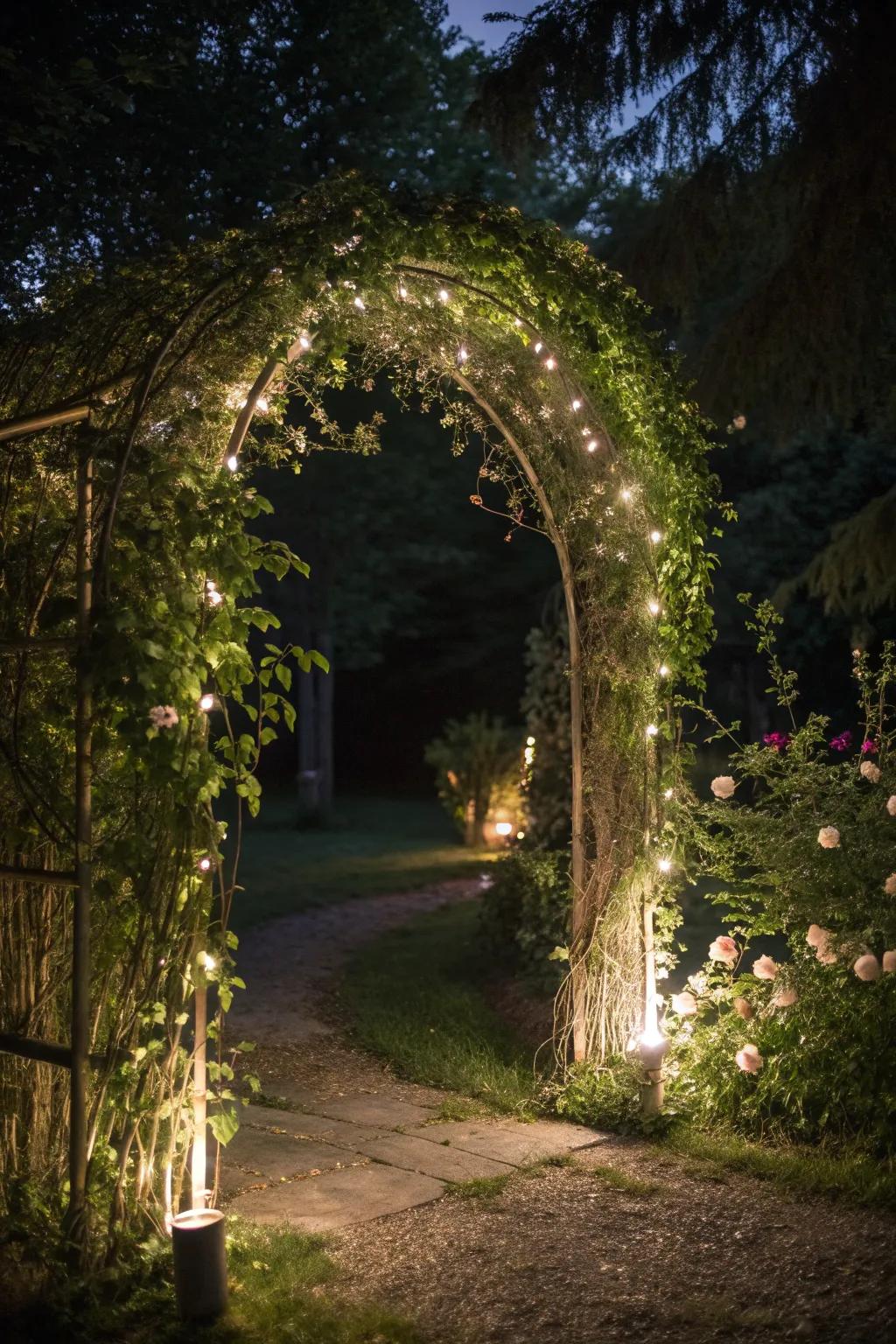 A twinkle light arch creates a magical and inviting evening atmosphere.