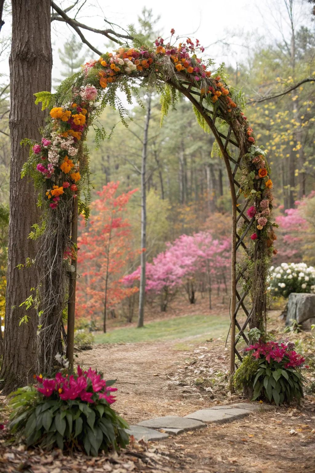 A seasonal theme arch personalizes your celebration with nature's touch.
