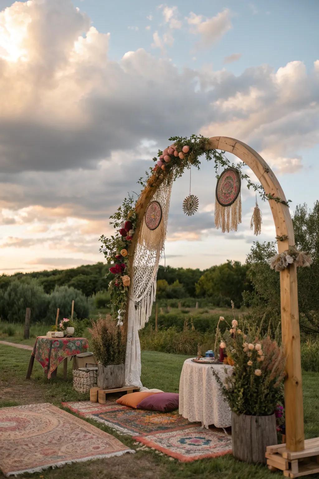A bohemian dream arch adds a free-spirited and relaxed vibe to your event.