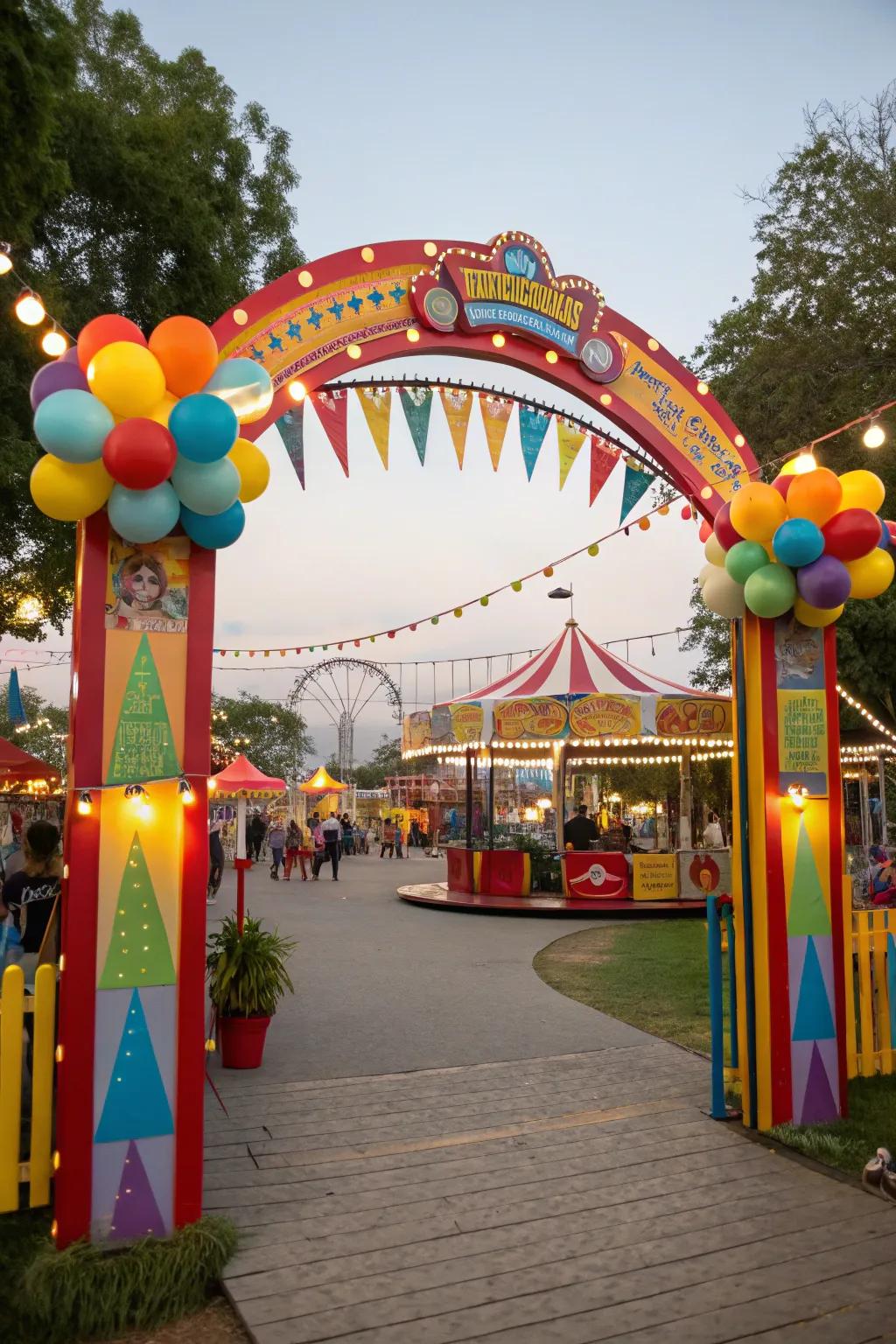 A carnival theme arch adds vibrant energy and fun to your celebration.