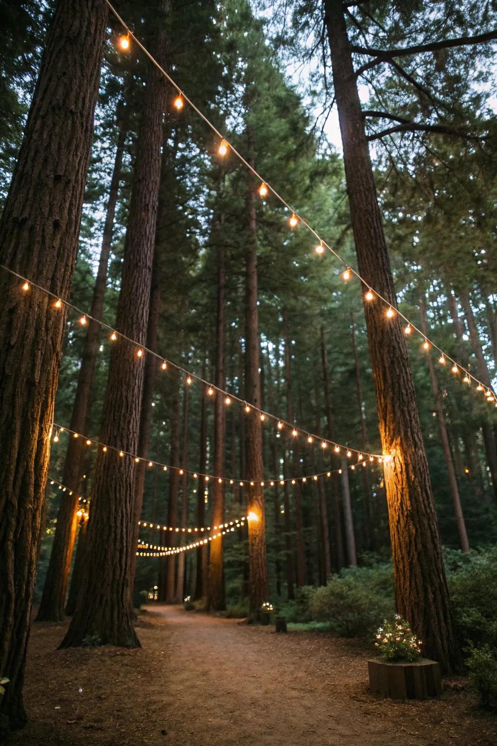 String lights bring a magical glow to your forest wedding.