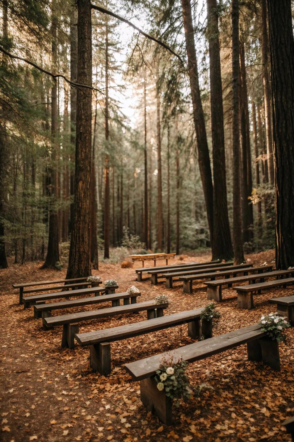Wooden benches enhance the rustic charm of your forest ceremony.