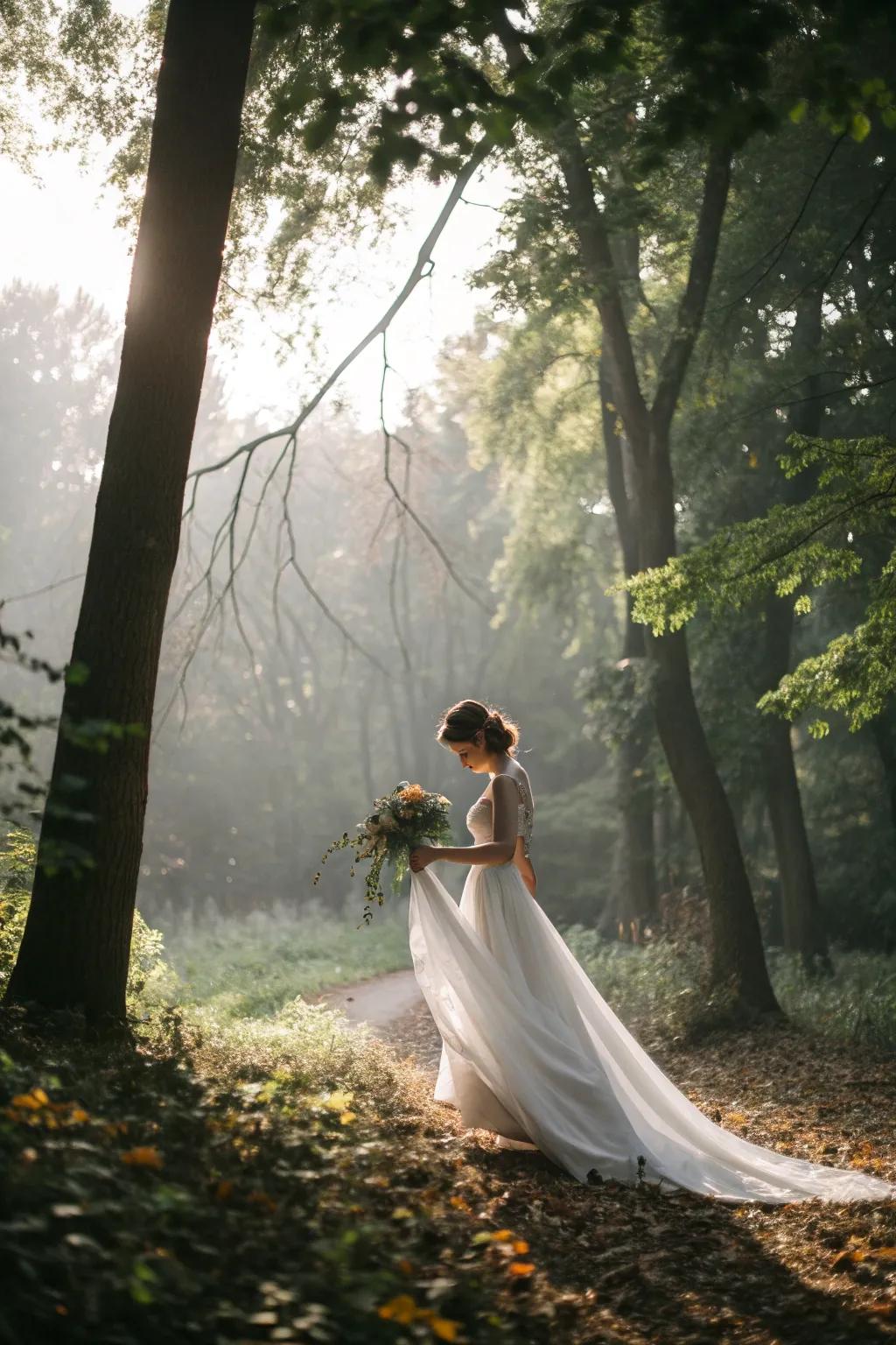 Flowing gowns beautifully complement a forest wedding backdrop.
