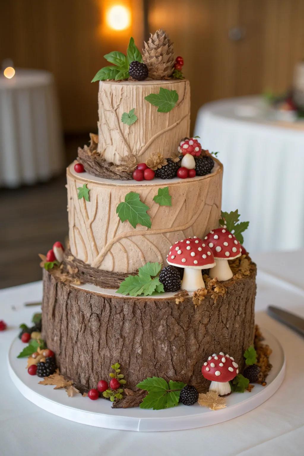 A forest-inspired cake makes a delicious centerpiece.