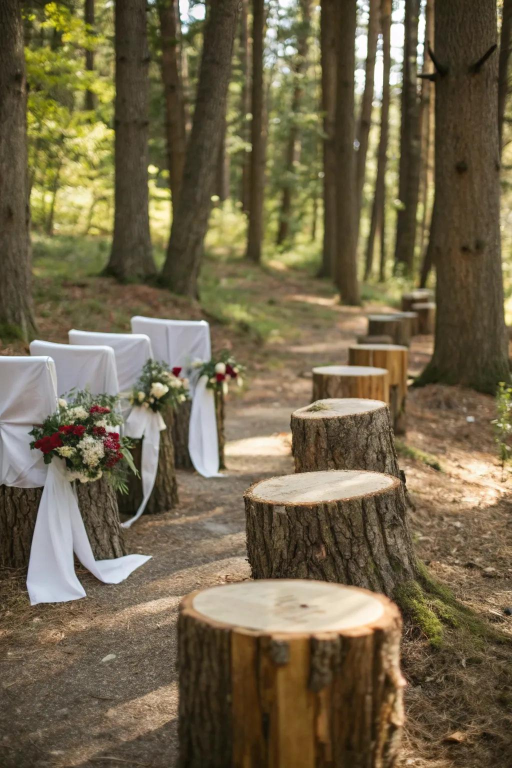 Tree stumps offer a rustic and unique seating option.