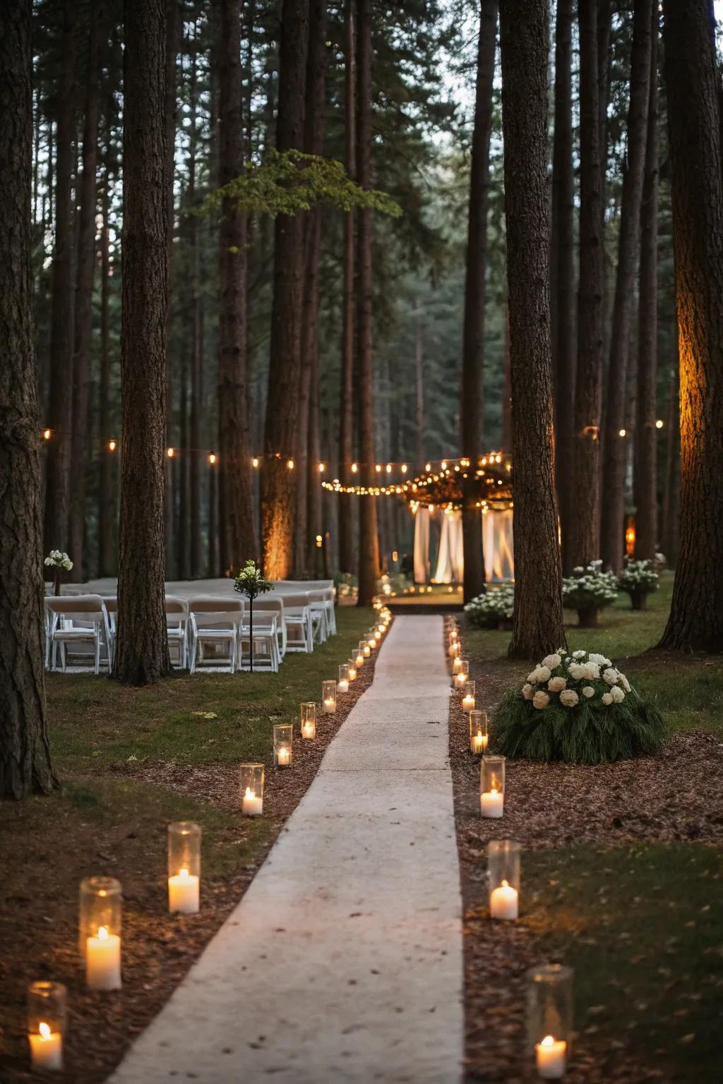 Candlelit pathways guide guests through the forest.
