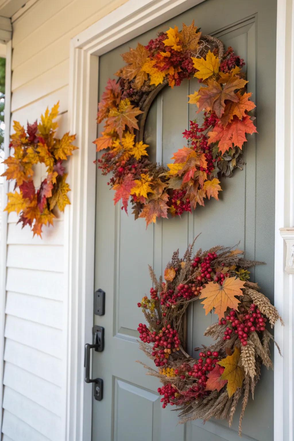 Layered wreaths create a stunning door display