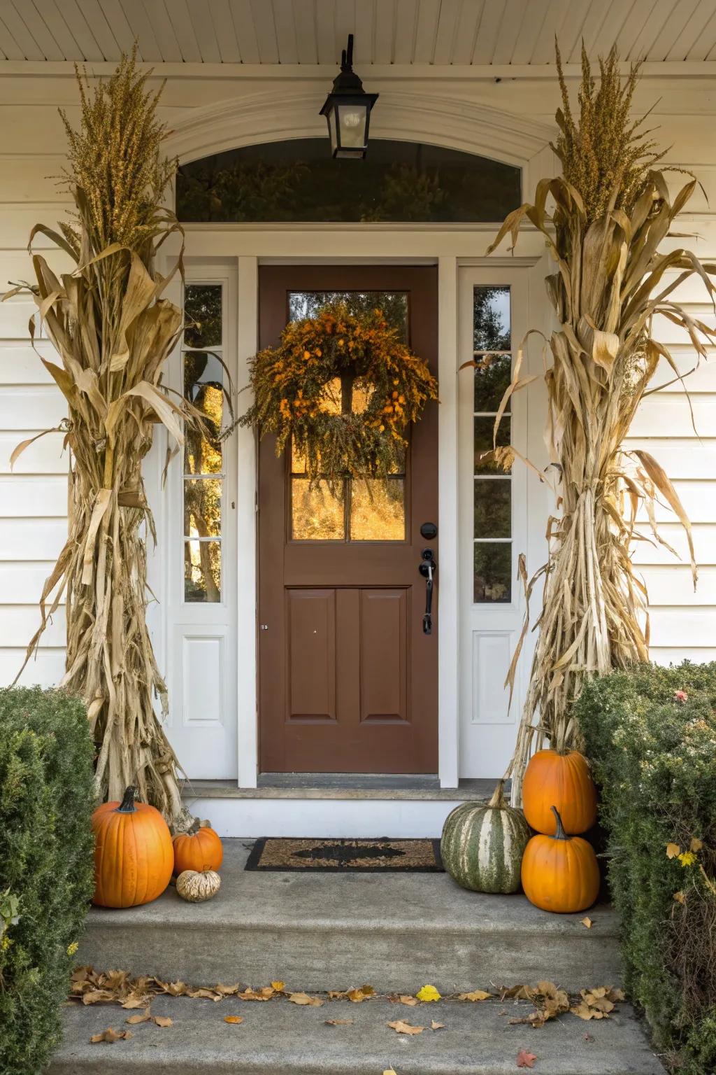 Corn stalks add rustic charm to any entry