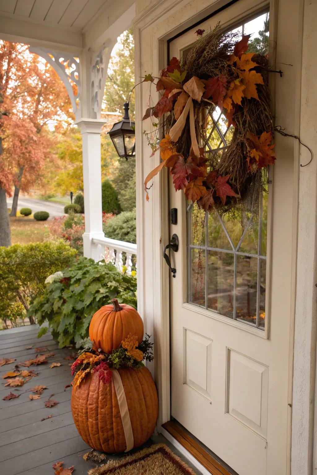 Grapevine pumpkins add whimsy to the door