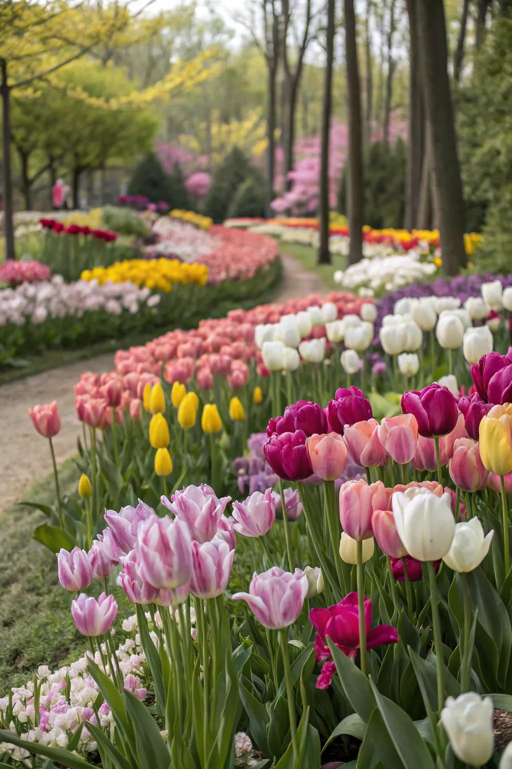 Layered planting of tulips in varying heights.