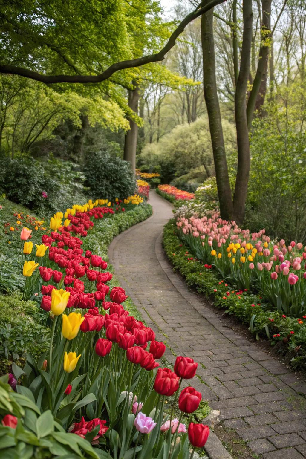 Tulips used as a colorful border along a garden path.