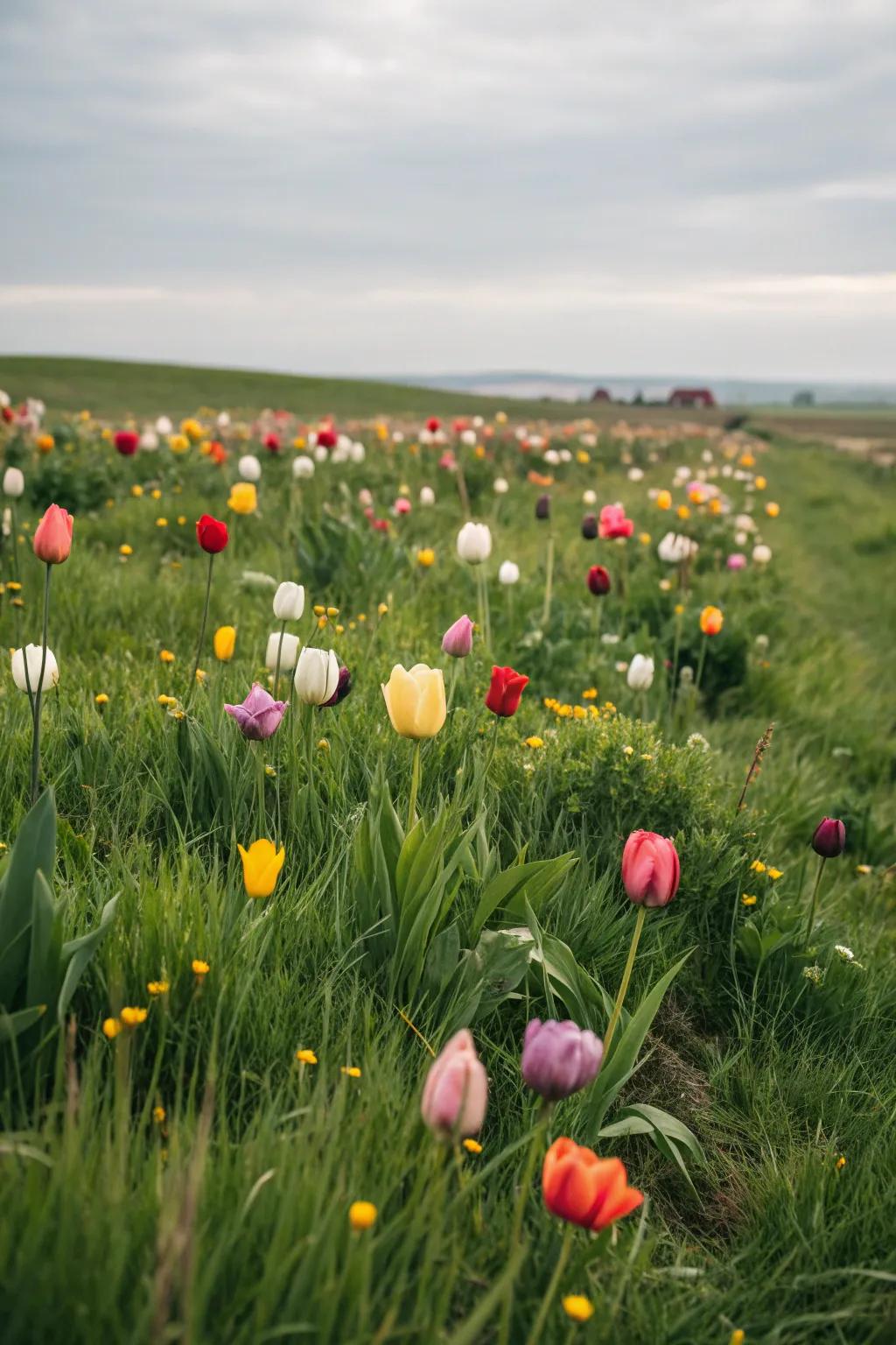 A meadow-like garden with tulips scattered throughout.