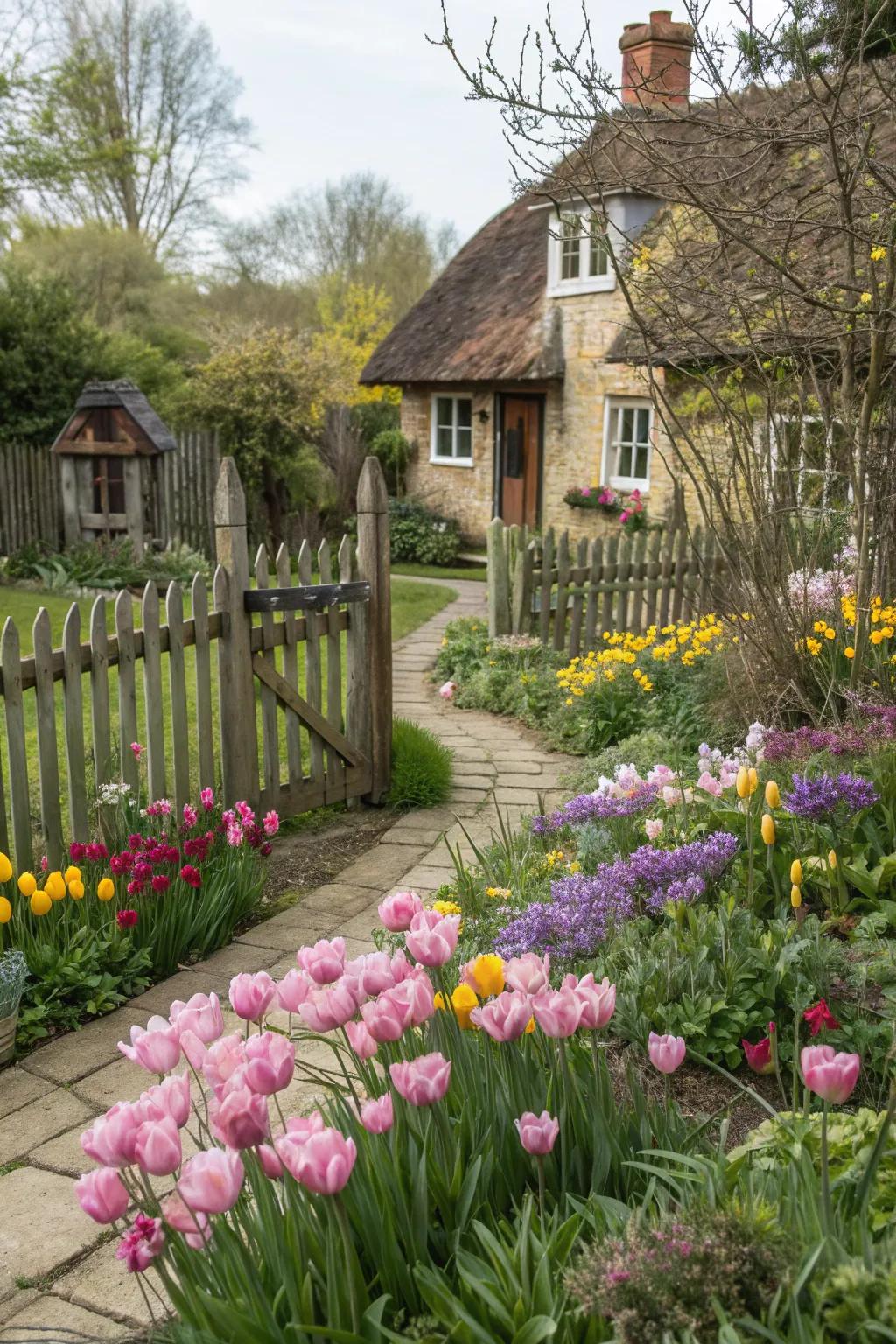 A charming cottage garden with tulips and rustic blooms.