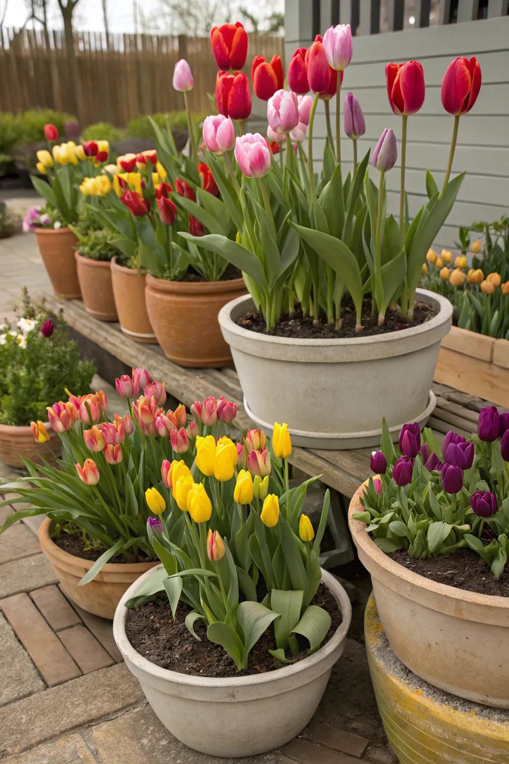 Tulips in pots offering a colorful and flexible garden design.