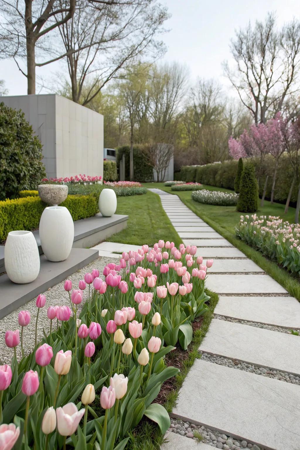 A modern garden with tulips and minimalist decor.
