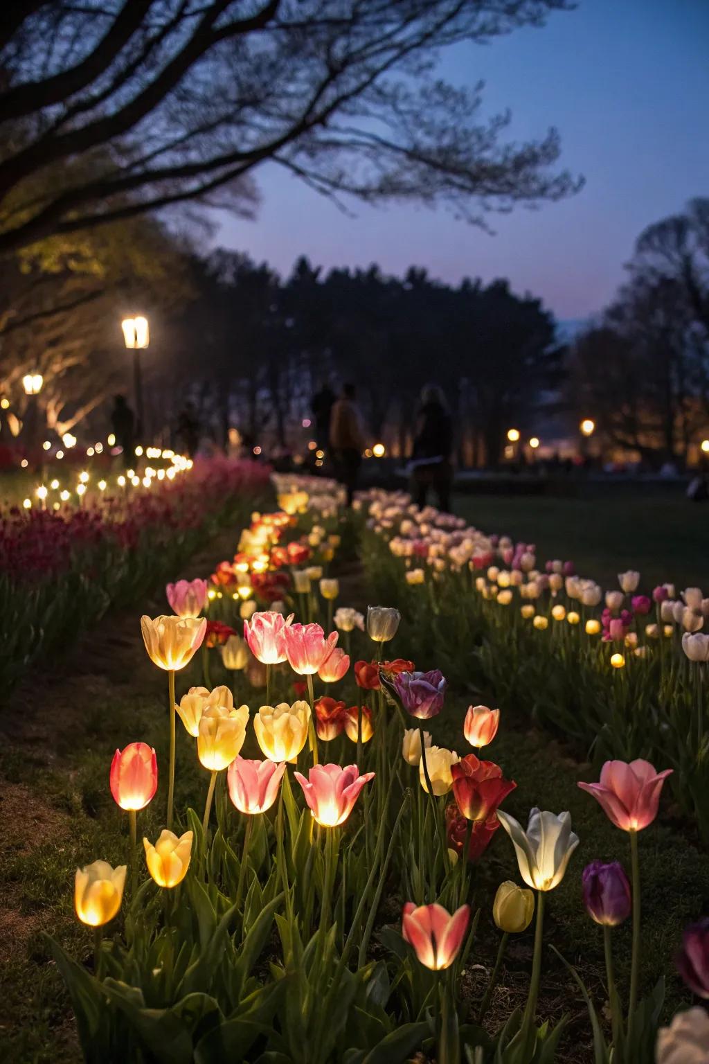 A tulip garden beautifully illuminated at night.