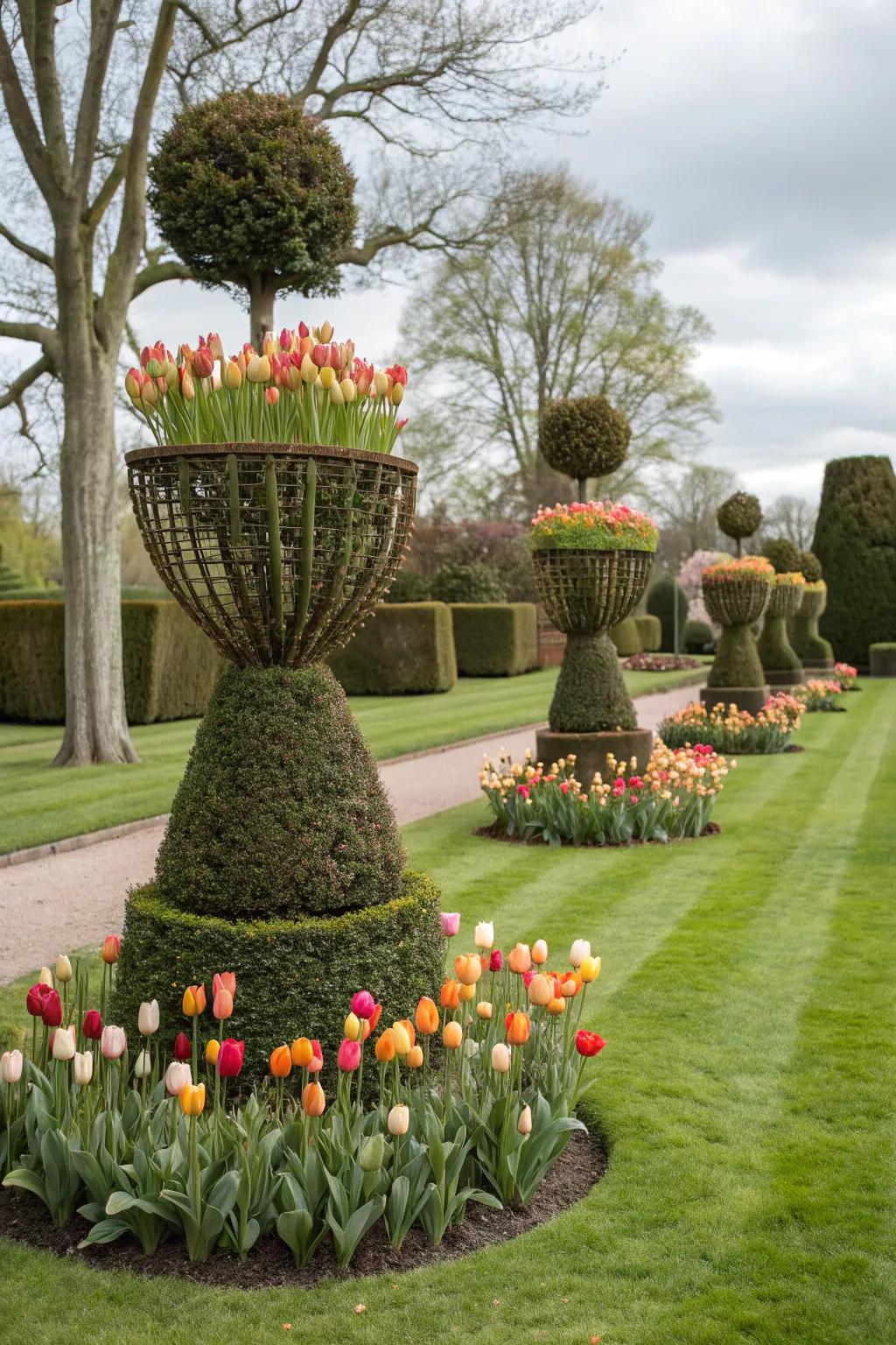 Creative tulip topiaries as living sculptures.
