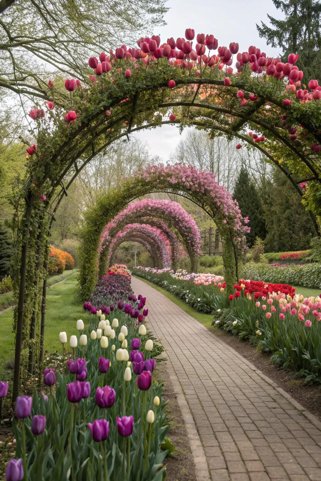 Grand tulip arches as a stunning garden entryway.