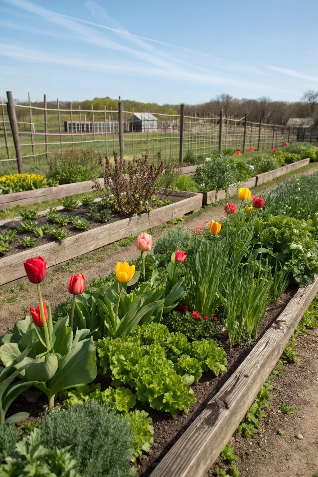 Tulips complementing an edible garden setting.
