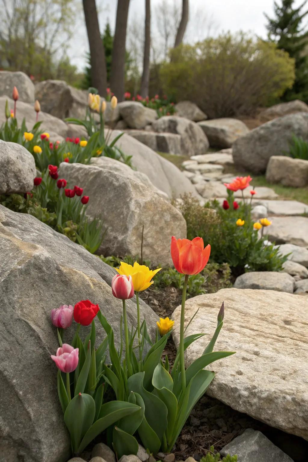 Tulips adding vibrant color to a rock garden.