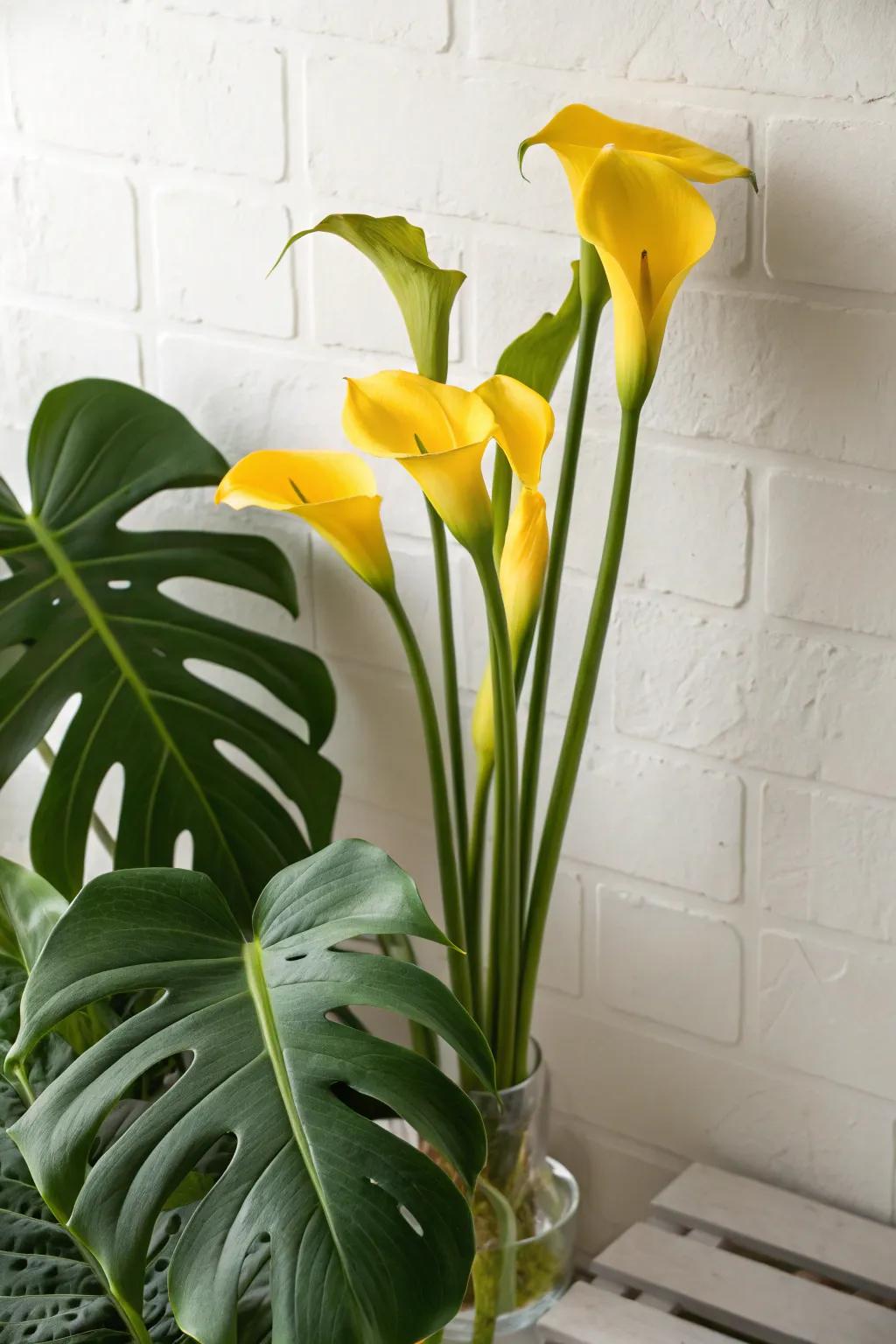 Minimalist yellow calla lilies paired with monstera leaves.