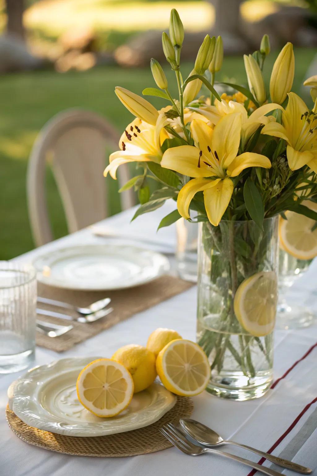 Refreshing lemon and lily centerpiece for a summer brunch.