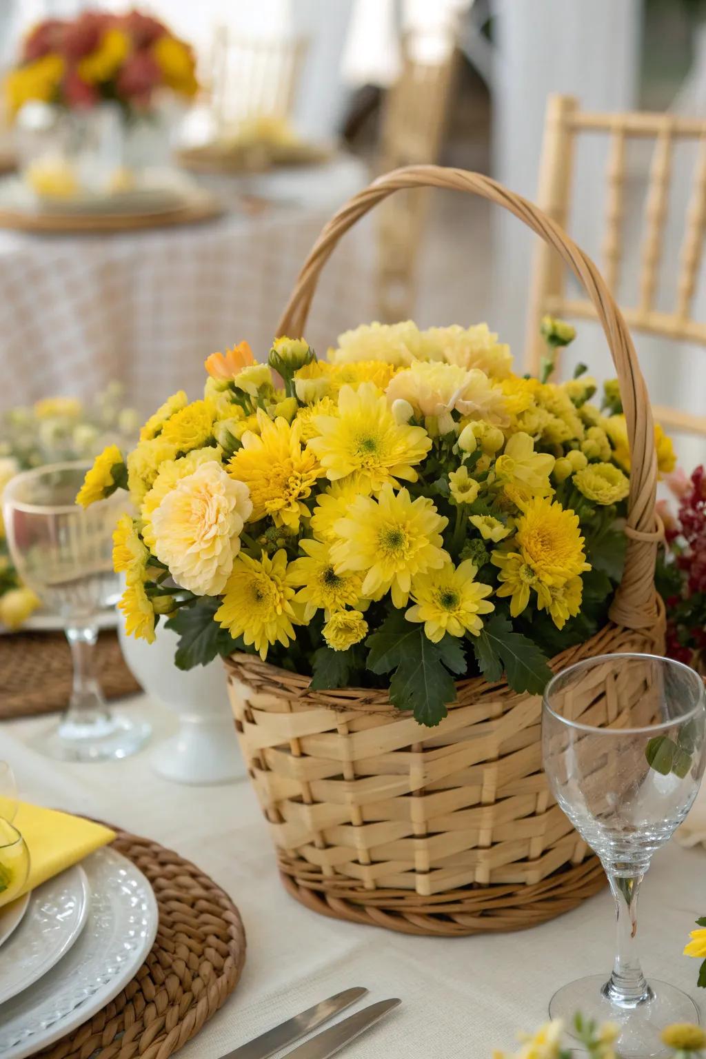 Festive basket of mixed yellow flowers for a celebration.