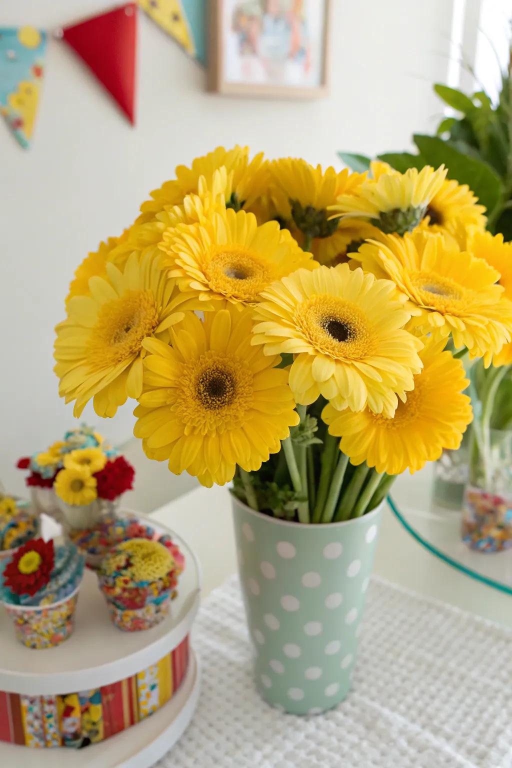 Joyful yellow gerbera daisies for a lively party atmosphere.