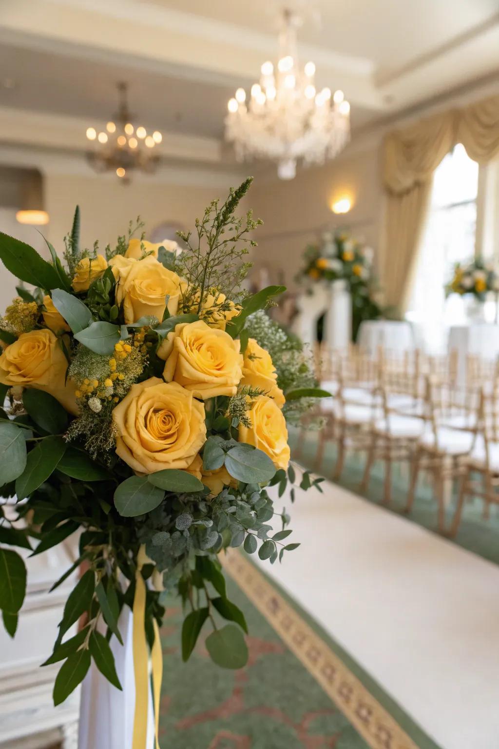 Elegant mustard yellow rose bouquet for autumn weddings.