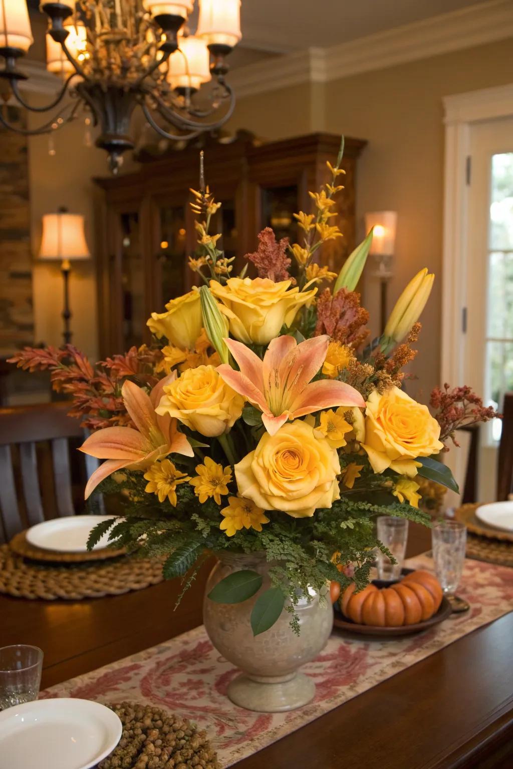 Fall-themed centerpiece with yellow roses and peach lilies.