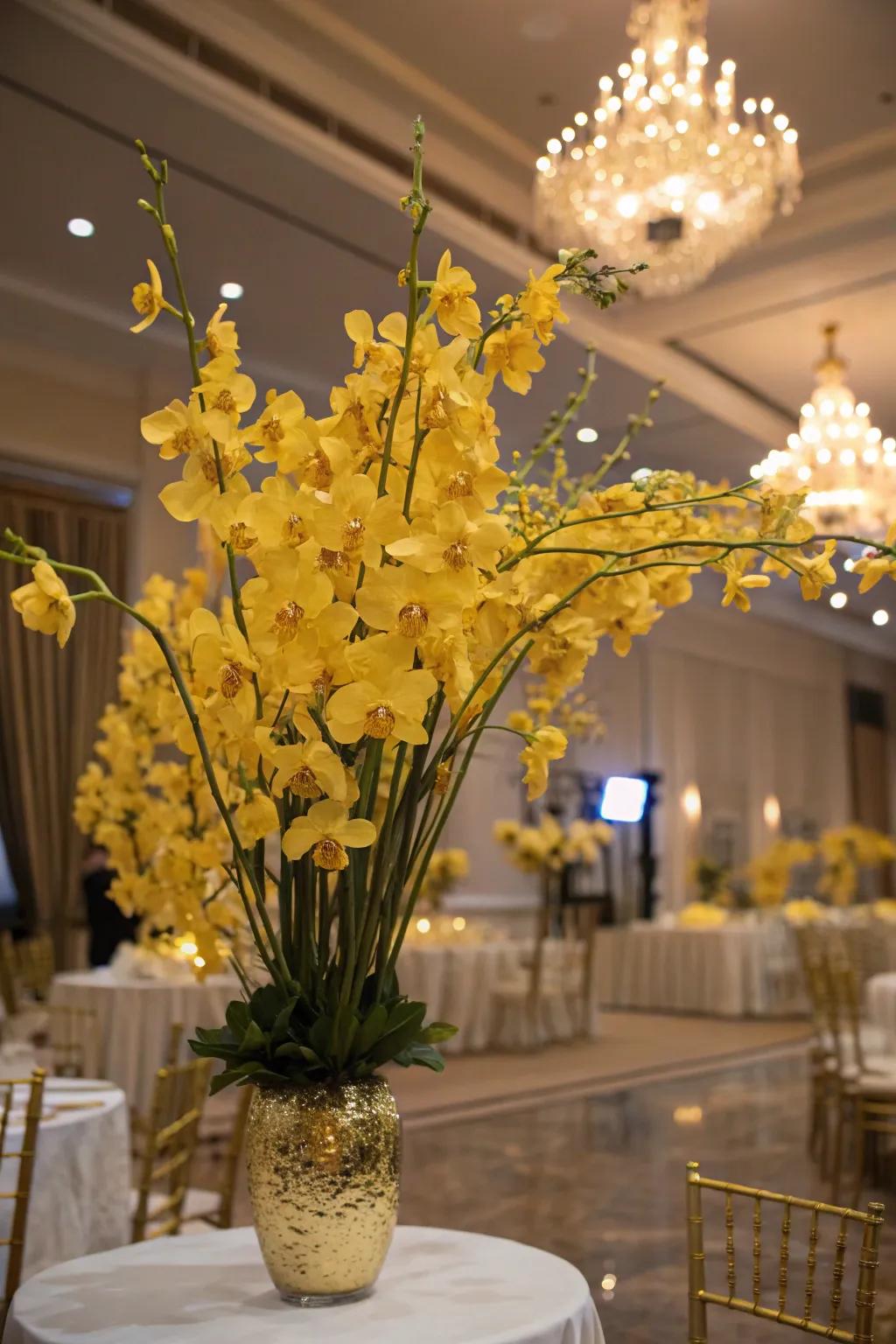 Glamorous yellow oncidium orchids for a sophisticated event.
