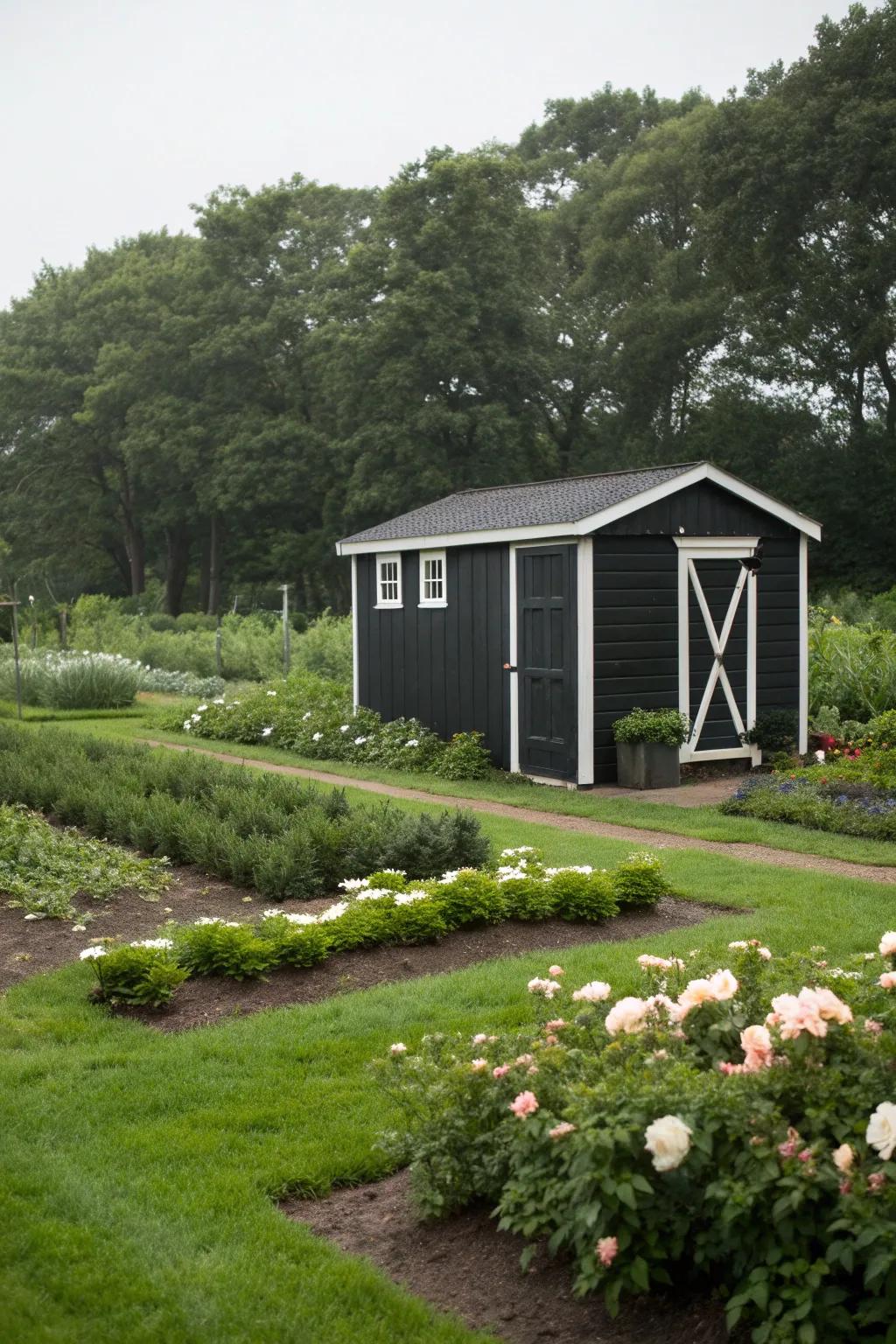 The striking contrast of black and white makes this shed a backyard standout.