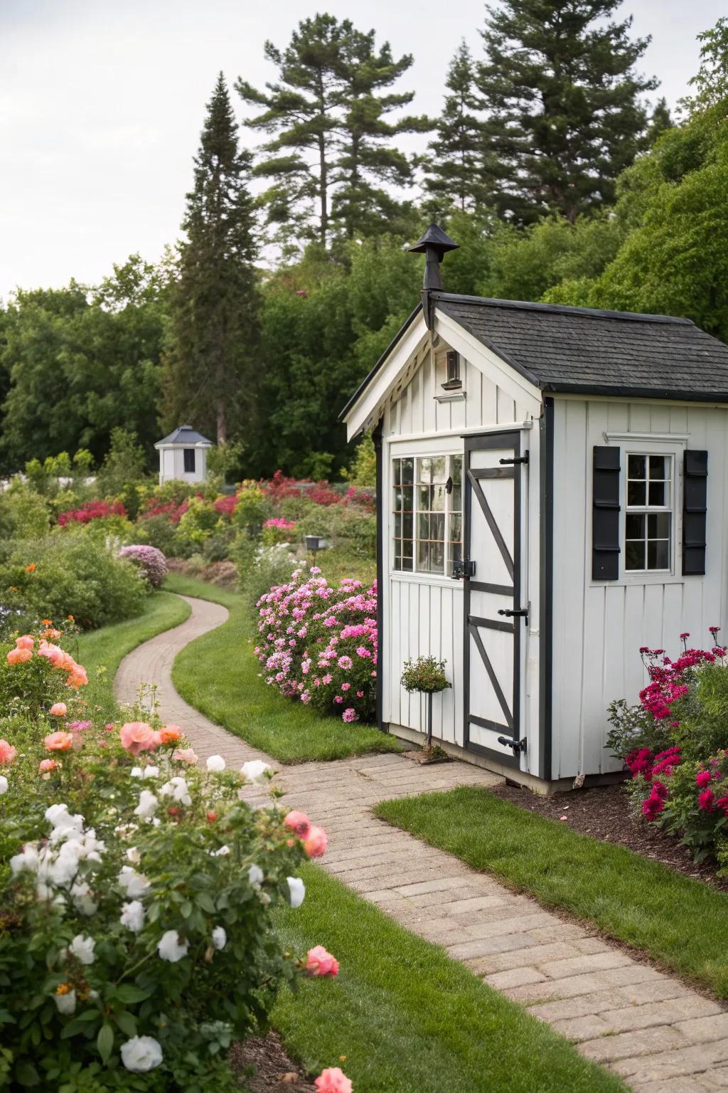 Cottage charm meets modern design with this black and white shed.