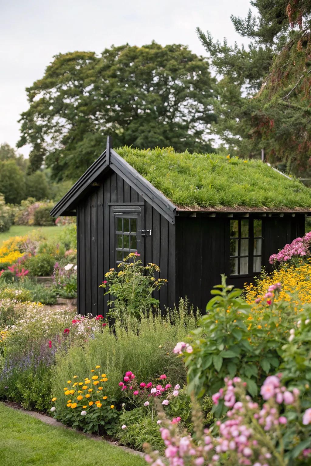 A green roof adds a touch of nature to this modern black shed.