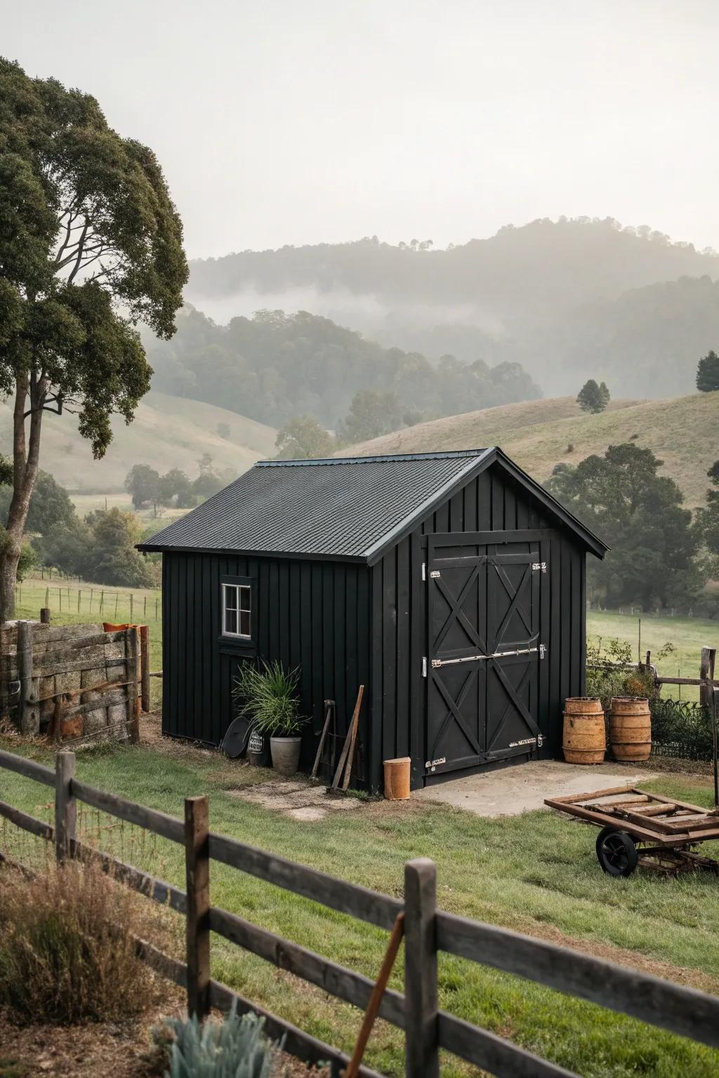 Farmhouse charm meets modern style in this black shed.
