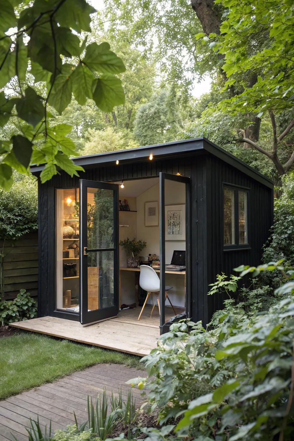 A tiny black office shed creates a peaceful nook for work and creativity.