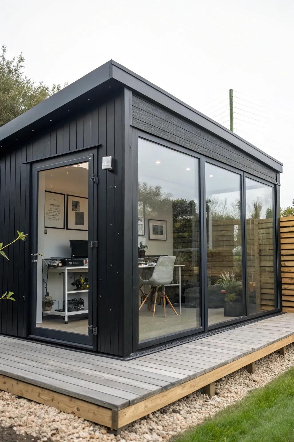 A contemporary black shed serves as a stylish creative studio.
