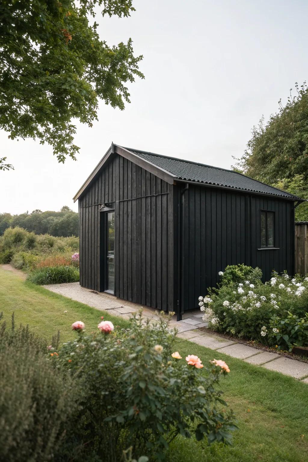 Scandinavian elegance with vertical wood paneling on a black shed.