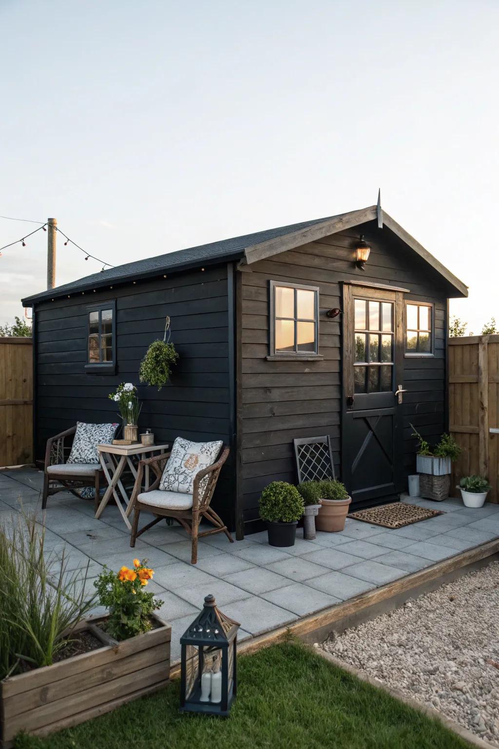 Outdoor seating extends the charm of this black shed, perfect for gatherings.